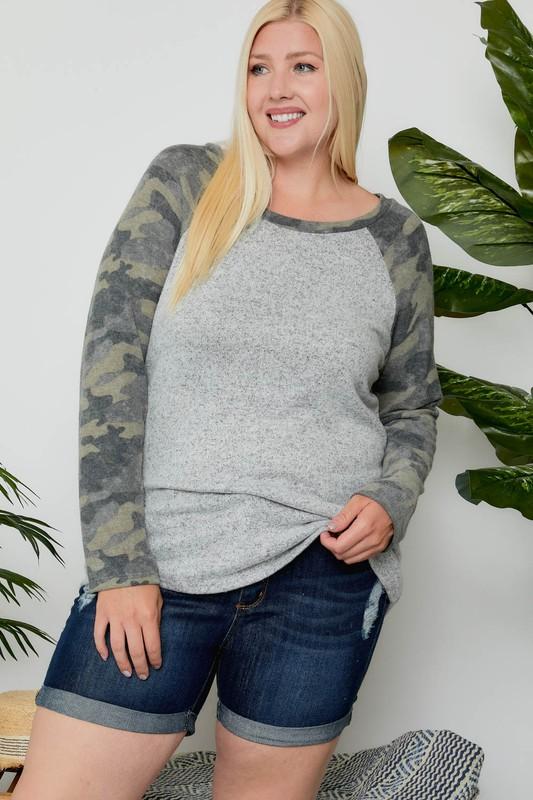 Camo Contrast Plus Top - Simply Fabulous Boutique