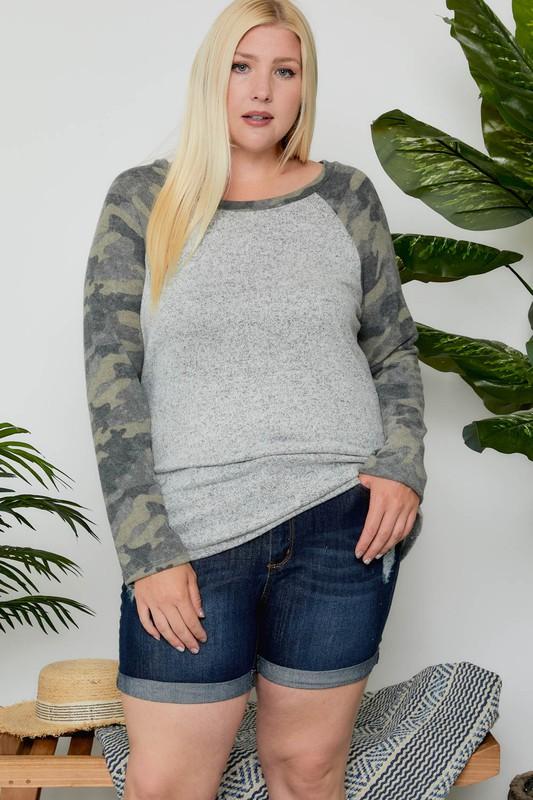 Camo Contrast Plus Top - Simply Fabulous Boutique