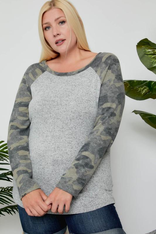 Camo Contrast Plus Top - Simply Fabulous Boutique