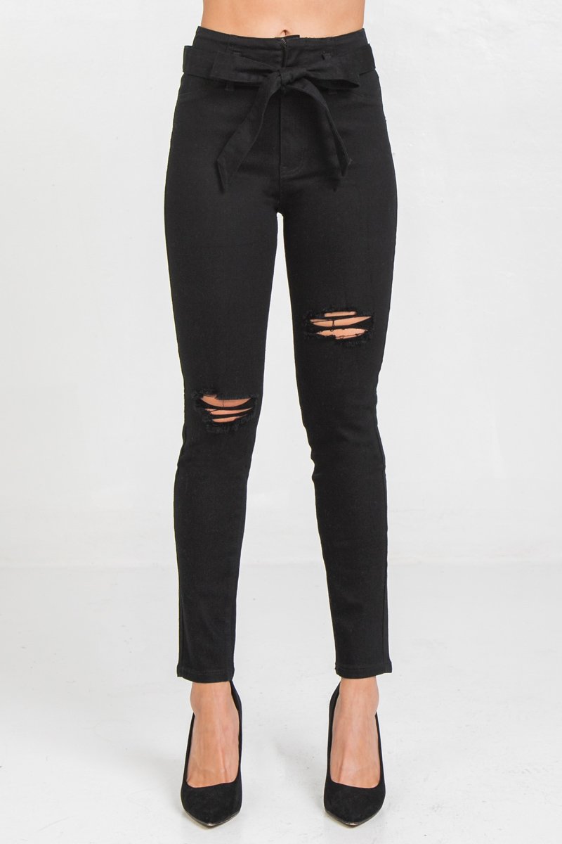 High Waist Skinny Jeans With Tie - Simply Fabulous Boutique