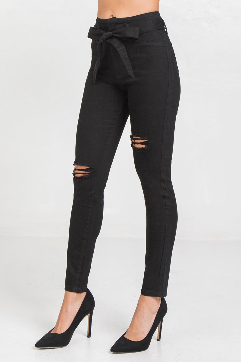 High Waist Skinny Jeans With Tie - Simply Fabulous Boutique