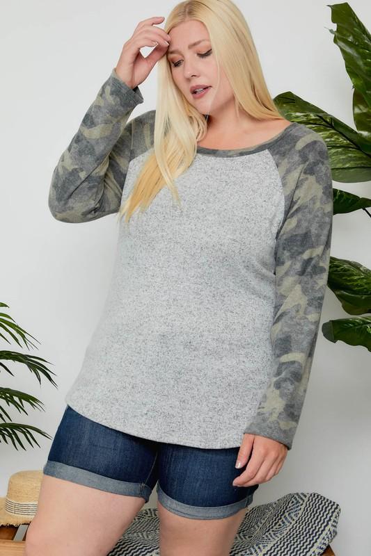 Camo Contrast Plus Top - Simply Fabulous Boutique
