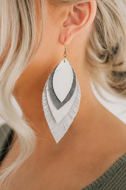 White and Gray Leather Feather Earrings - Simply Fabulous Boutique