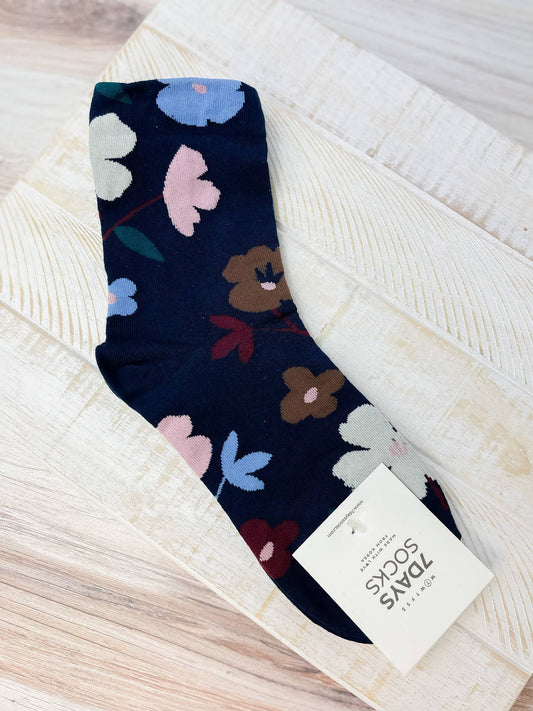 Navy Floral Print Crew Socks