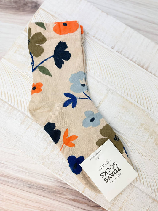 Taupe Floral Print Crew Socks